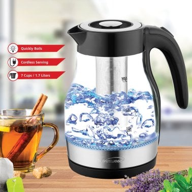Brentwood® 1.79-Qt. 1,100-Watt Cordless Glass Electric Kettle with Tea Infuser and Swivel Base (Black)