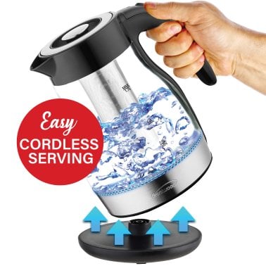 Brentwood® 1.79-Qt. 1,100-Watt Cordless Glass Electric Kettle with Tea Infuser and Swivel Base (Black)