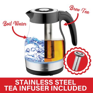 Brentwood® 1.79-Qt. 1,100-Watt Cordless Glass Electric Kettle with Tea Infuser and Swivel Base (Black)