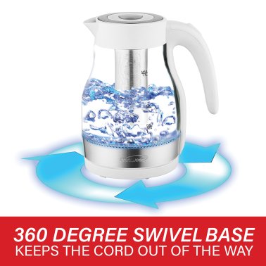 Brentwood® 1.79-Qt. 1,100-Watt Cordless Glass Electric Kettle with Tea Infuser and Swivel Base (White)