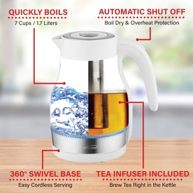Brentwood® 1.79-Qt. 1,100-Watt Cordless Glass Electric Kettle with Tea Infuser and Swivel Base (White)