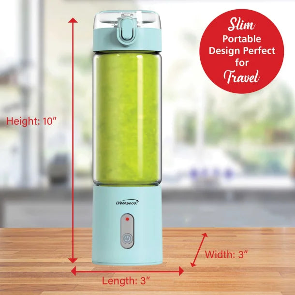 Brentwood® 50-Watt 17-Oz. Portable Battery-Operated USB-Chargeable Glass Blender (Blue)
