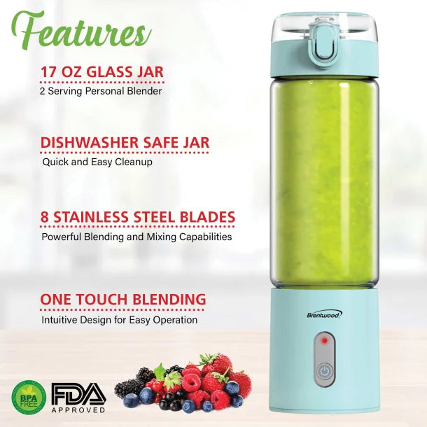 Brentwood® 50-Watt 17-Oz. Portable Battery-Operated USB-Chargeable Glass Blender (Blue)