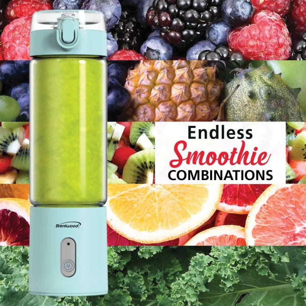 Brentwood® 50-Watt 17-Oz. Portable Battery-Operated USB-Chargeable Glass Blender (Blue)