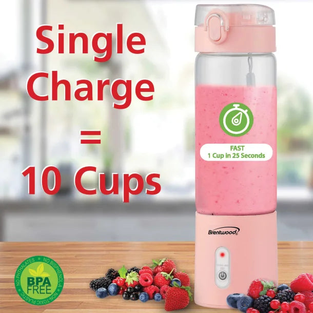 Brentwood® 50-Watt 17-Oz. Portable Battery-Operated USB-Chargeable Glass Blender (Pink)
