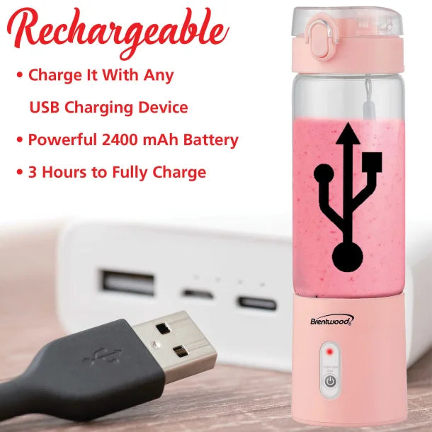 Brentwood® 50-Watt 17-Oz. Portable Battery-Operated USB-Chargeable Glass Blender (Pink)