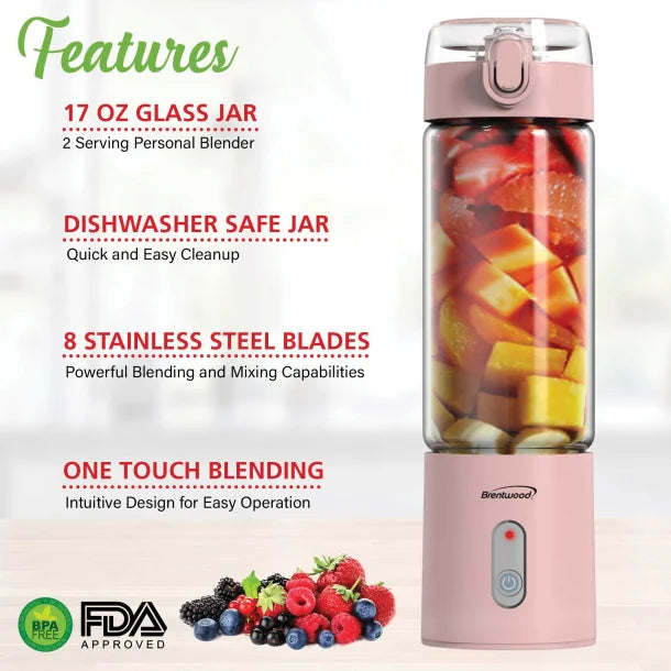 Brentwood® 50-Watt 17-Oz. Portable Battery-Operated USB-Chargeable Glass Blender (Pink)