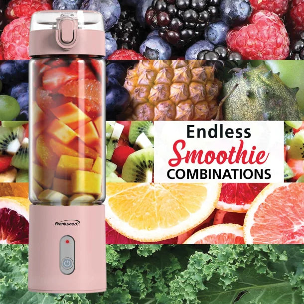 Brentwood® 50-Watt 17-Oz. Portable Battery-Operated USB-Chargeable Glass Blender (Pink)