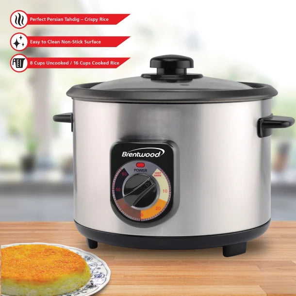 Brentwood® 8-Cups Uncooked/16-Cups Cooked Electric Crunchy Persian Rice Cooker, Stainless Steel