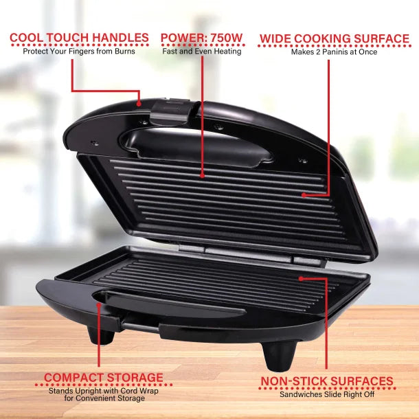 Brentwood® Nonstick Panini Press & Sandwich Maker (Black)