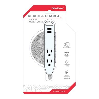 CyberPower® GC306U Reach and Charge™ USB and 3-Outlet AC Power Cord, 6-Foot Braided Cable