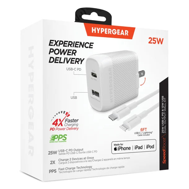 HyperGear® SpeedBoost 25-Watt PD Dual-Output Lightning® Wall Charger Kit