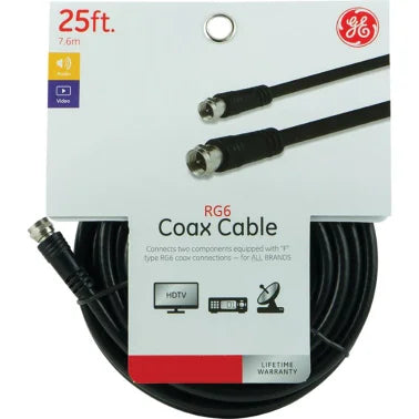 GE® RG6 Coaxial Cable with F-Type Connectors, Black (25 Ft.)
