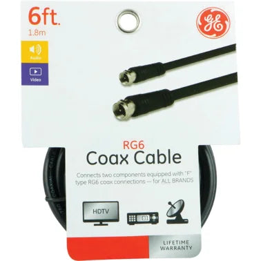 GE® RG6 Coaxial Cable with F-Type Connectors, Black (6 Ft.)