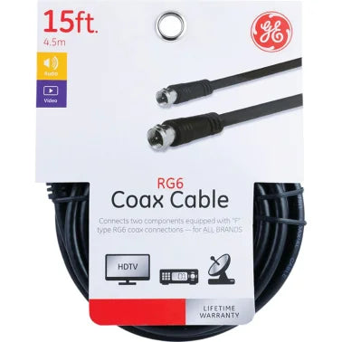 GE® RG6 Coaxial Cable with F-Type Connectors, Black (15 Ft.)