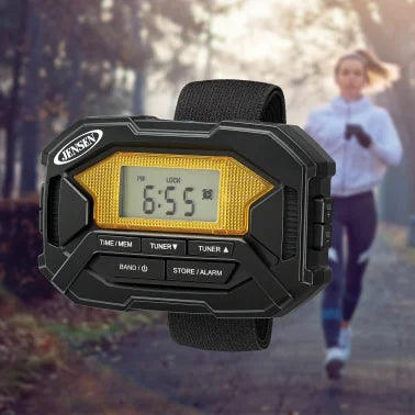 JENSEN® Armband Digital AM/FM Stereo Radio with Clock and Earbuds, Black, SAB-60