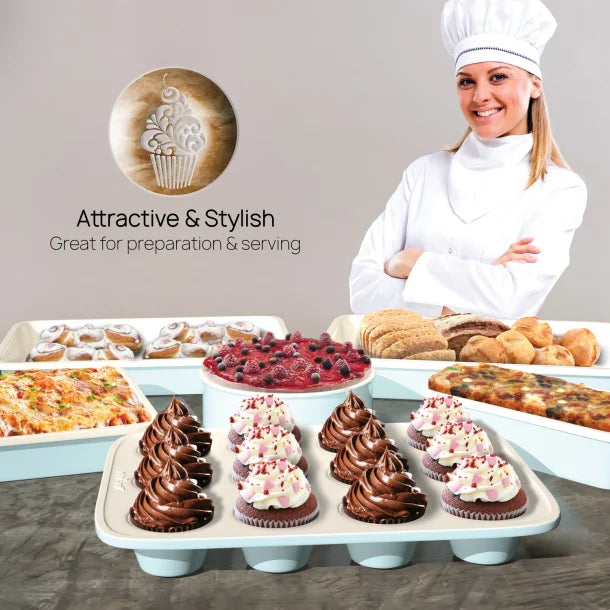 NutriChef 6-Piece Ceramic and Steel Non-Stick Baking Pans with Muffin, Cake, and Cookie Pans