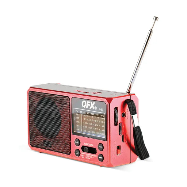 QFX® Portable AM/FM/Shortwave Radio with Bluetooth®, Flashlight, and Solar Panel, Red, R-37