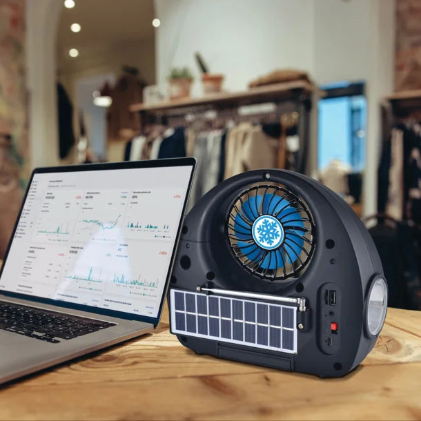 QFX® Portable FM Radio with Bluetooth®, Flashlight, Fan, and Solar Panel, R-40 (Black)