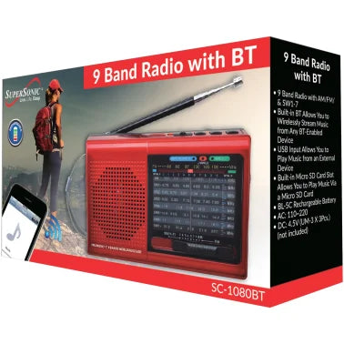 Supersonic® 9-Band Rechargeable Radio with Bluetooth® and USB/microSD™ Card Input, SC-1080BT (Red)