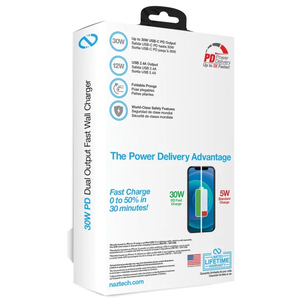 Naztech® 30-Watt Power Delivery Dual-Output USB-C® Fast Wall Charger