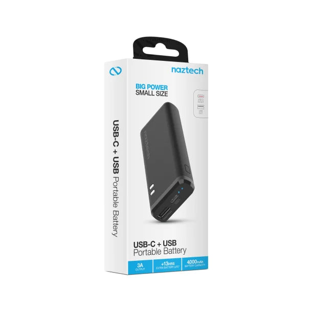 Naztech® 4,000 mAh Dual Output USB-C® and USB Portable Power Bank