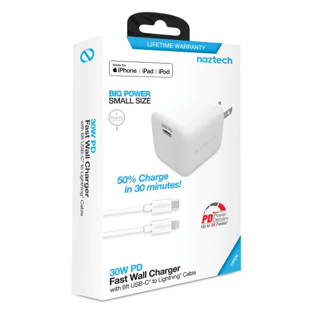 Naztech® 30-Watt Power Delivery Wall Charger with 6 ft. USB-C® to MFI Lightning® Cable, White