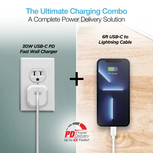 Naztech® 30-Watt Power Delivery Wall Charger with 6 ft. USB-C® to MFI Lightning® Cable, White