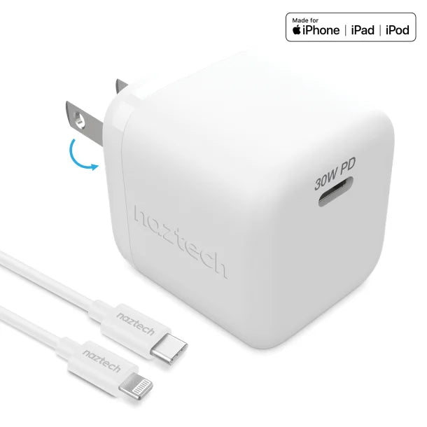Naztech® 30-Watt Power Delivery Wall Charger with 6 ft. USB-C® to MFI Lightning® Cable, White