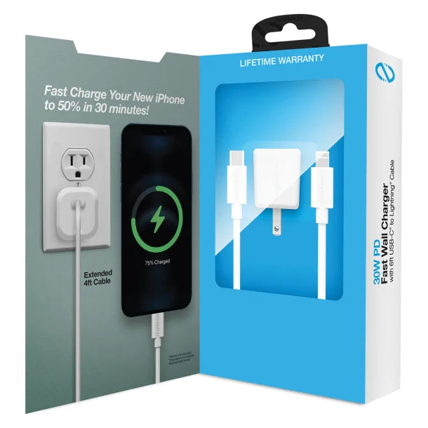 Naztech® 30-Watt Power Delivery Wall Charger with 6 ft. USB-C® to MFI Lightning® Cable, White