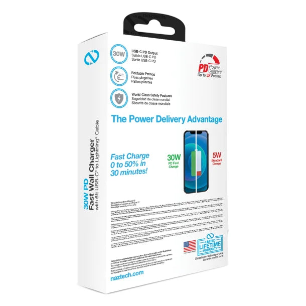 Naztech® 30-Watt Power Delivery Wall Charger with 6 ft. USB-C® to MFI Lightning® Cable, White