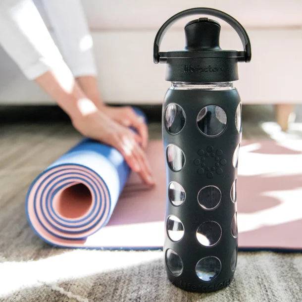 Lifefactory® 22-Oz. Glass Water Bottle with Active Flip Cap and Protective Silicone Sleeve (Carbon)