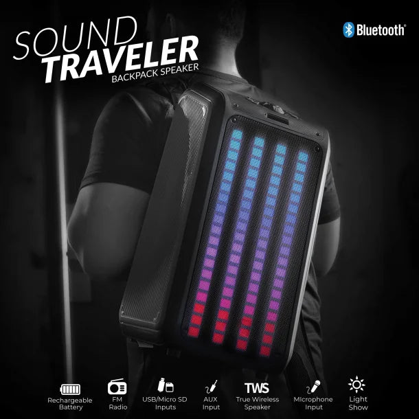 IQ Sound® Sound Traveler 20-Watt-Continuous-Power Portable Backpack Speaker with Wired Microphone and Remote