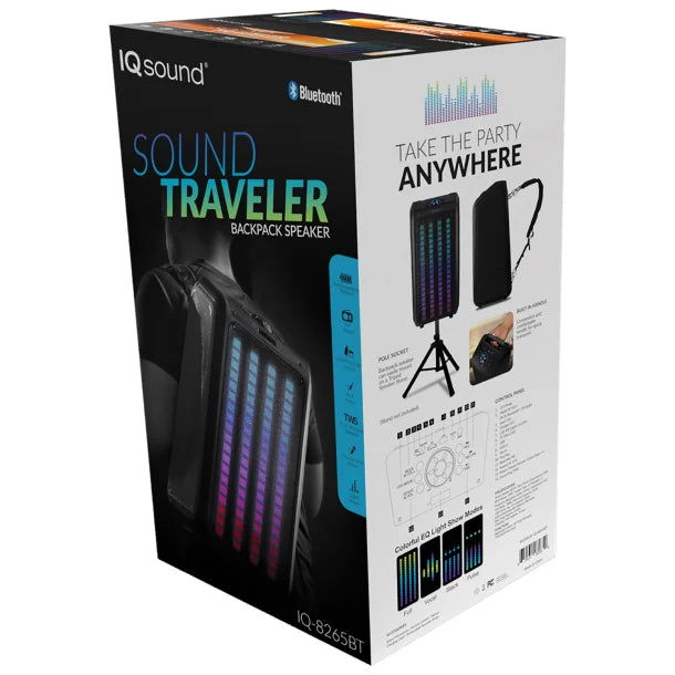IQ Sound® Sound Traveler 20-Watt-Continuous-Power Portable Backpack Speaker with Wired Microphone and Remote