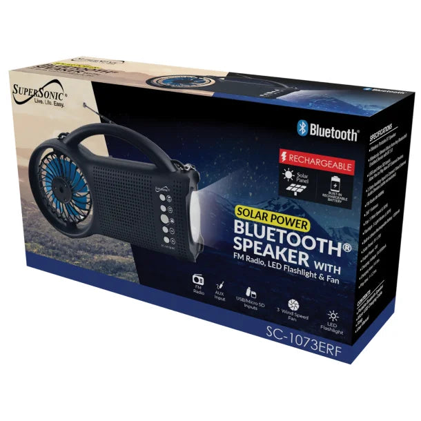 Supersonic® Portable Bluetooth® Solar-Powered Speaker with FM Radio, LED Torch Light, and Fan, Black, SC-1073ERF