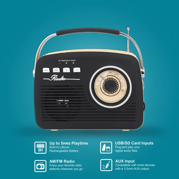 Supersonic® Retro Portable AM/FM Radio with Bluetooth®, SC-1201 (Black)