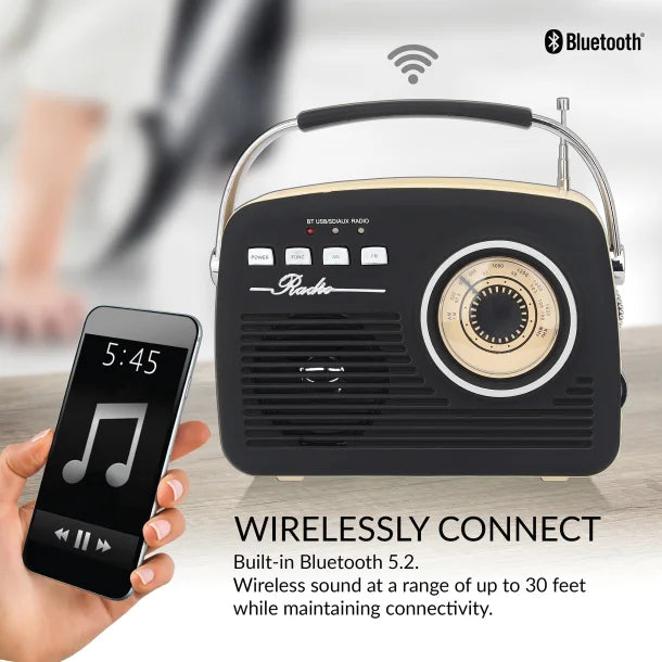 Supersonic® Retro Portable AM/FM Radio with Bluetooth®, SC-1201 (Black)