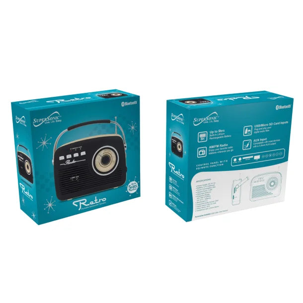 Supersonic® Retro Portable AM/FM Radio with Bluetooth®, SC-1201 (Black)