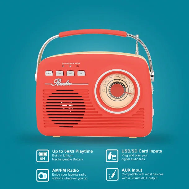 Supersonic® Retro Portable AM/FM Radio with Bluetooth®, SC-1201 (Red)