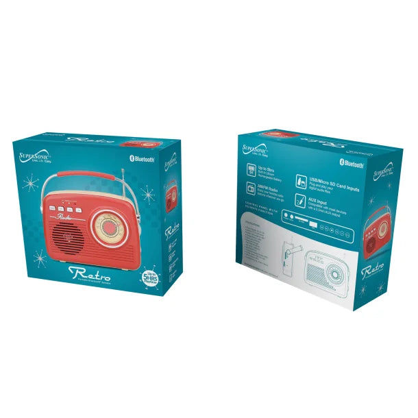 Supersonic® Retro Portable AM/FM Radio with Bluetooth®, SC-1201 (Red)