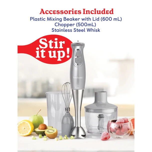 Betty Crocker® 2-Speed Corded Electric Hand Blender with Beaker, Chopper, and Whisk (Silver)