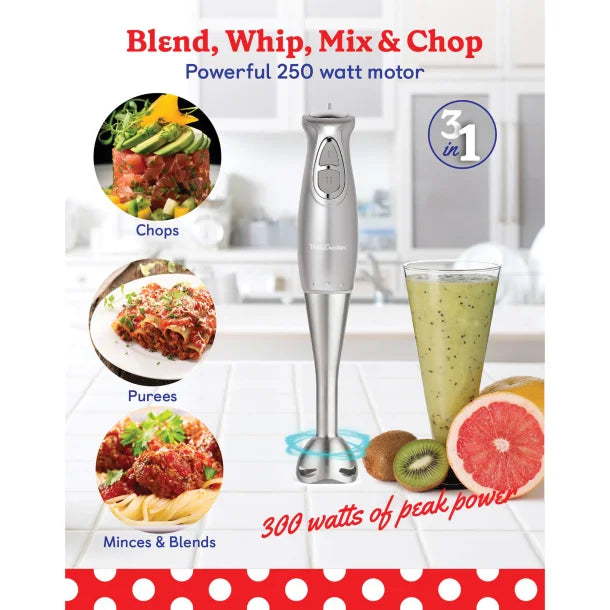 Betty Crocker® 2-Speed Corded Electric Hand Blender with Beaker, Chopper, and Whisk (Silver)