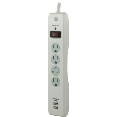 GE® 450-Joules Surge Protector, 4 Grounded Outlets with Twist-to-Close Covers and 2 USB Ports, 3-Ft. Cord, 14090