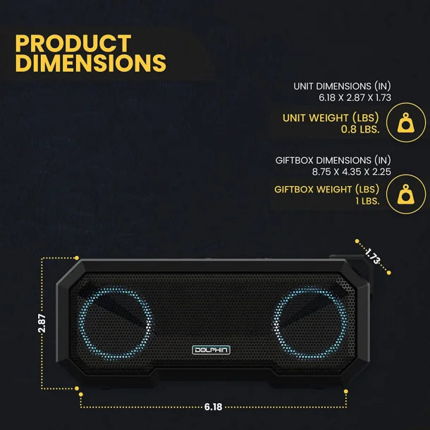 Dolphin® Audio DR-40 Diver Mini 20-Watt-Continuous-Power Bluetooth® Waterproof Portable Speaker with Lights and Speakerphone