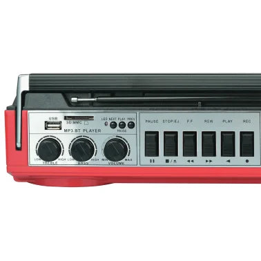 Audiobox® RXC-25BT 10-Watt Portable Cassette Player and Recorder Boombox with 3-Band Radio, Bluetooth®, and Speakers (Red)