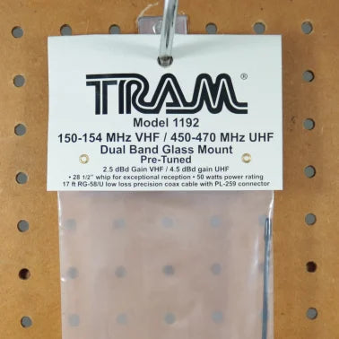 Tram® 50-Watt Pretuned Dual-Band 150 MHz to 154 MHz VHF/450 MHz to 470 MHz UHF Amateur Radio Antenna Kit with Glass Mount and Cable