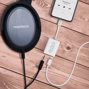 Naztech® 3.5-mm Audio + Charge Adapter with Built-in Lightning® Cable and Remote for iPhone®, 14596, White