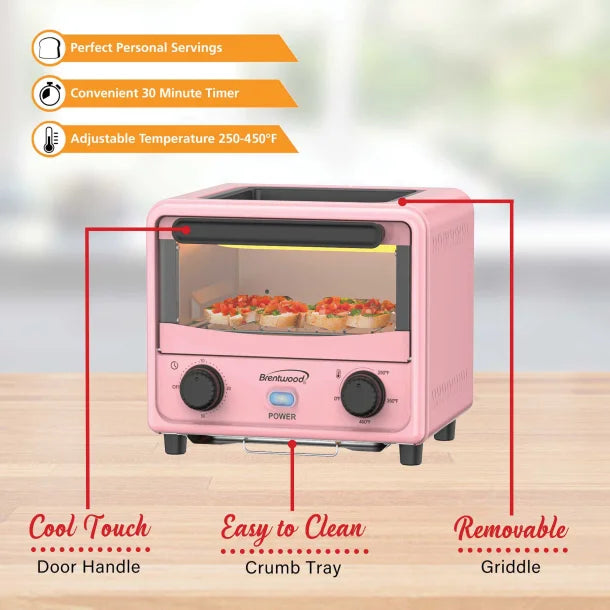Brentwood® 183-Cu. In. (3-L) 500-Watt Stainless Steel Mini Toaster Oven (Pink)