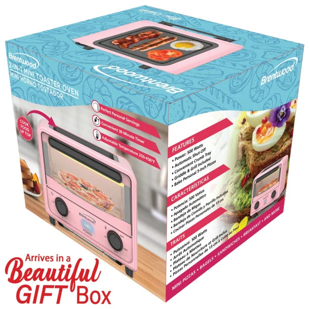 Brentwood® 183-Cu. In. (3-L) 500-Watt Stainless Steel Mini Toaster Oven (Pink)