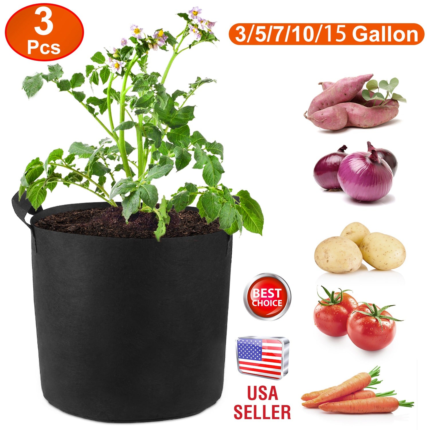 3 Pack Plant Grow Bags Potato Vegetable Planter Bags Breathable Planting Fabric Pots 7Gallons